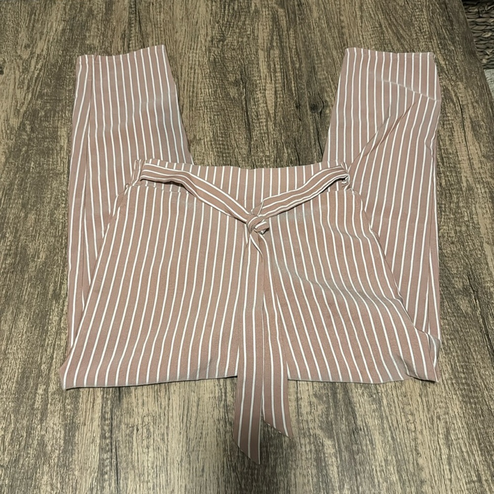 Light pink and white striped pants with tie front